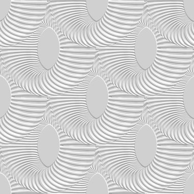 Textured white spirals circles and fractals 3d seamless pattern. Emboss geometric futuristic 3d background. Stripes. Geometric repeat relief vector backdrop. Trendy surface embossed 3d ornaments.