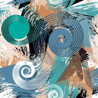 Spiral circles and spiral triangles seamless pattern. Brush strokes dirty background. Geometric repeat abstract rough backdrop. Doodle lines hand drawn grunge ornaments with spirals, stripes, swirls.