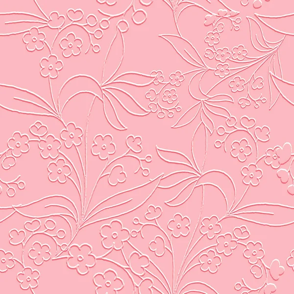 花の3Dエンボスピンクのシームレスなパターン テクスチャ化されたラインアートの花の救済の背景 背景を繰り返します 表面の線が残る エンボス効果で3D無限のドアの花の装飾 テクスチャ — ストックベクタ