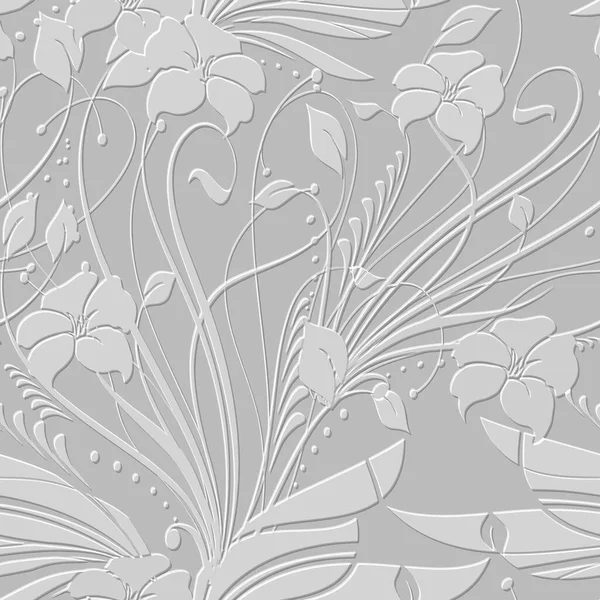 Embossed White Floral Seamless Pattern Textured Beautiful Flowers Relief Background — Stock Vector