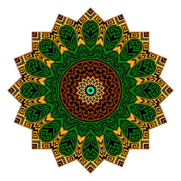 Flor Fractal Zigzag Mandala Colorido Fondo Griego Tribal Vector Étnico — Vector de stock