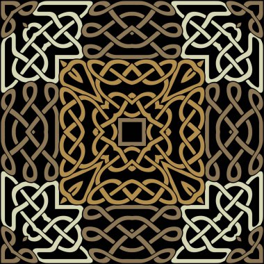 Çerçeveli, kenarlı, pürüzsüz Kelt deseni. Kabile etnik tarzı geleneksel vektör geçmişi. Renkli, karmaşık bir çizgi. Sanat eseri, güzel desen. Tekrarlanan örgülü çizgiler. Süslü altın lüks tasarım