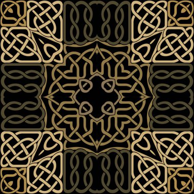Kelt zarif, pürüzsüz desen. Kabile etnik tarzı geleneksel vektör geçmişi. Renkli, karmaşık bir çizgi. Sanat eseri, güzel desen. Tekrarlanan örgülü çizgiler. Süslü altın lüks tasarım.