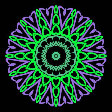 Çiçek mandala. Yuvarlak çizgili çiçek deseni. Kabilenin etnik, güzel vektör geçmişi. Fraktal renkli daire deseni. Mor yeşil renkte çiçek süsü. Süslü mandala tasarımı.