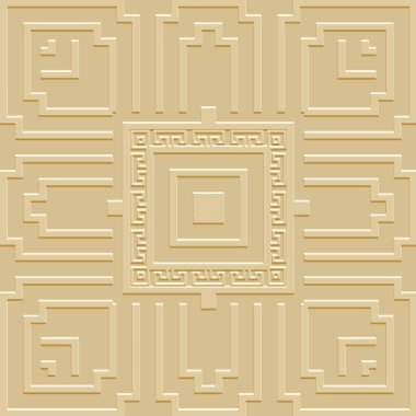 Dokulu Yunanca 3D pürüzsüz desen. Yüzeysel etnik tarz kabartma sarı arka plan. Destek vektör arkaplanını tekrar et. Kabartmalı sınır süsü. Antik Yunan kare çerçeveleri, çizgileri, Yunan anahtar kavisi