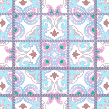 Çiçekli etnik şal desenli, pürüzsüz desen. Süslü vektör arka planı. Folklorik tekrarlar ızgara tartan arkaplan. Beyaz üzerine güzel soyut süsler. Rengarenk desenli çiçekler, yapraklar, örgülü saçlar..