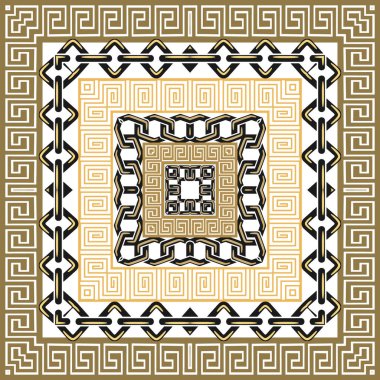 Çerçeveler ve sınırlar. Yunan kare çerçeveleri pürüzsüz desen ile sınırlıdır. Süslü zincir arka planı. Modern tekrar arkaplanı. Çerçeveli, kenarlı zincirler. Sonsuz doku. Beyaz üzerine vektör tasarımı.