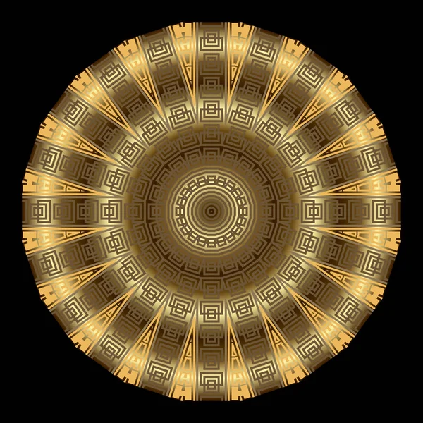 ラウンドゴールド豪華な3Dマンダラ 名前ベクトルの背景 黒と金の背景を飾る 装飾サークル放射状光沢のある装飾 ギリシャ語のキーの意味 エスニックスタイルの光沢のあるパターン 表面の質感 — ストックベクタ