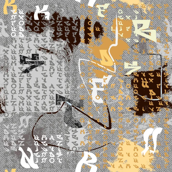 創造的な手紙シームレスパターン 汚れたデニムの背景に英語のAbc タイプセットの背景を繰り返します モダンな文字の装飾 文字のテクスチャのグランジの背景 落書きライン ブラシストローク フォント — ストックベクタ