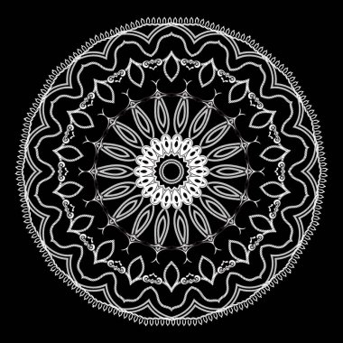Mandala. Dantelli, çiçekli bir süs. Vektör süsleme arka planı. Süslü desenli mandala, dantelli çerçeve, kenar. Süslü siyah beyaz tasarım. İpli çiçek deseni.