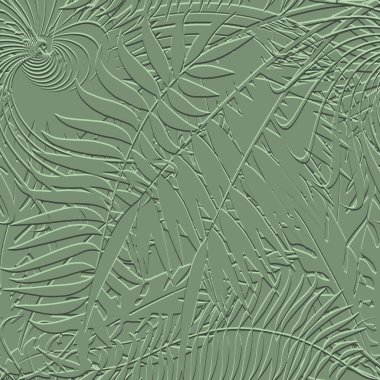Üç boyutlu desenli desenli tropikal tropikal desen. Tropik palmiye, yeşil arka planda rahatlama bırakır. Kabartmalı arkaplanı tekrar et. Yüzey yaprakları, dallar, spiral. Üç boyutlu yapraklı süsler. Grunge yeşil yaprak dokusu.