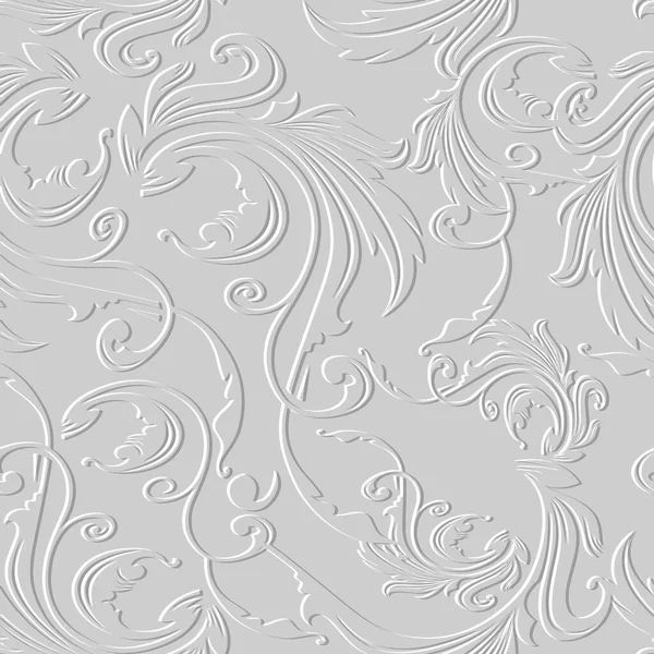 花バロック白3Dシームレスパターン ベクトルエンボスヴィンテージの背景 背景を繰り返します 表面レリーフ3D花はバロック様式で装飾を残します エンボス加工が施されたテクスチャデザイン — ストックベクタ