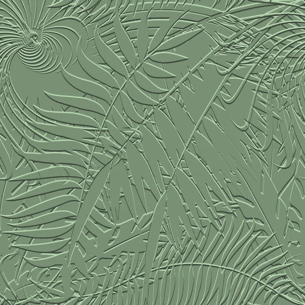 テクスチャされた花の熱帯3Dシームレスパターン 熱帯のヤシの葉は緑の背景を救います エンボス加工を繰り返します 表面の葉 3次元の葉飾り 緑の葉の質感 — ストックベクタ