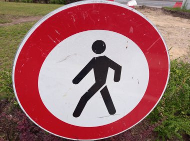Road sign Pedestrians not allowed permitted passersby walkers runners forbidden prohibited