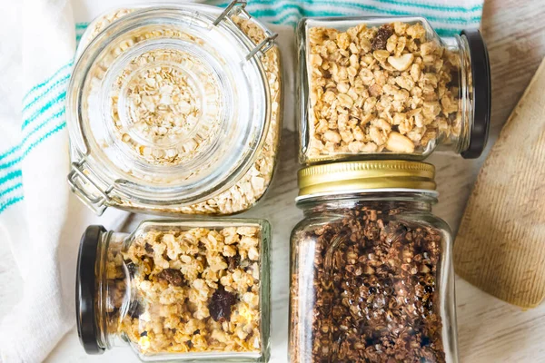 Top View Jars Full Oats Various Crunchy Granola Plain Dried — Stock Photo, Image