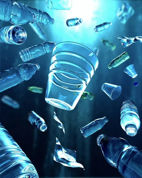 塑料瓶和塑料零件漂浮在海里 污染了海洋 3D插图 — 图库照片