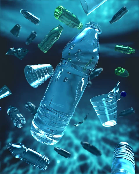 塑料瓶和塑料零件漂浮在海里 污染了海洋 3D插图 — 图库照片