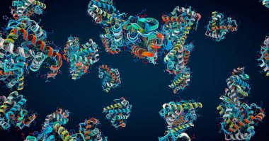 Protein adı verilen renkli amino asit zinciri veya biyolojik moleküller - 3d illüstrasyon