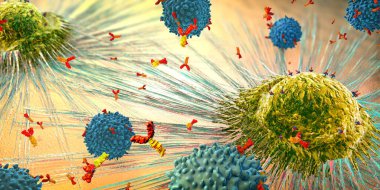 Bağışıklık sistemindeki lenfosit hücresi yayılan bir kanser hücresine tepki veriyor ve saldırıyor - 3 boyutlu illüstrasyon