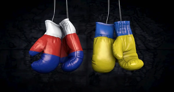 Hanging Boxing Gloves Russian Ukrainian Flags Illustrate Tensions Two Countries — Stok fotoğraf