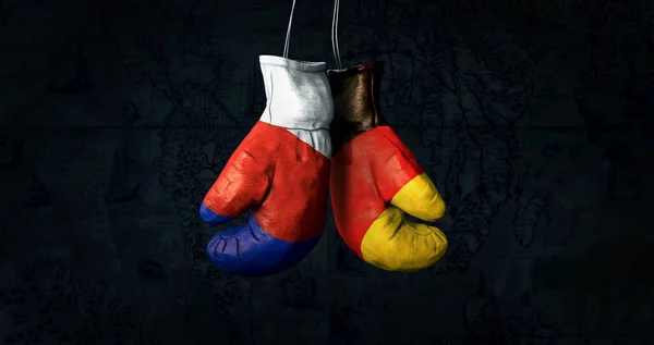 Hanging Boxing Gloves Russian German Flags Illustrate Tensions Two Countries — Foto de Stock