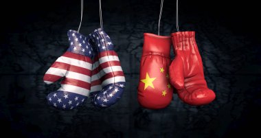 Hanging boxing gloves with the flag of the United Stats of America and the National Flag of the People's Republic of China illustrate the tensions between the two countries - 3d illustration clipart