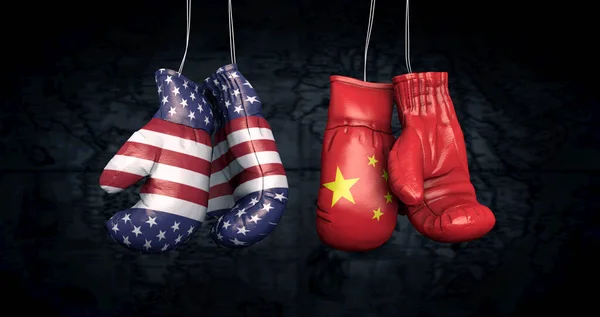 Hanging boxing gloves with the flag of the United Stats of America and the National Flag of the People\'s Republic of China illustrate the tensions between the two countries - 3d illustration