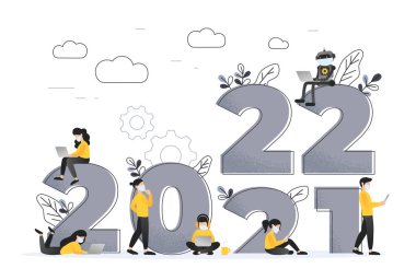 2021 - 2022 Yeni Yaşam Tarzı Fikirleri Konseptiyle Yeni Yıl. İnsanlar ve robot, düz büyük harfli bir maske takıyor. Vektör illüstrasyonu modern düzen şablonu