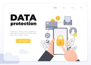 Cep telefonu verilerinin ve kişisel bilgilerin korunması, kilitli cep telefonu, veri erişim konsepti, çiçekli düz çizgi film vektörü. Glasmorfizm iniş sayfası konsepti.