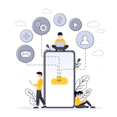 Pankart ve web sitesi için Cloud Technology 'nin modern düz tasarımı. Akıllı telefonu olan küçük insanlar. Bulut hesaplama hizmeti çevrimiçi medya dosyası veri yedekleme deposu. Vektör konsepti çizimi.