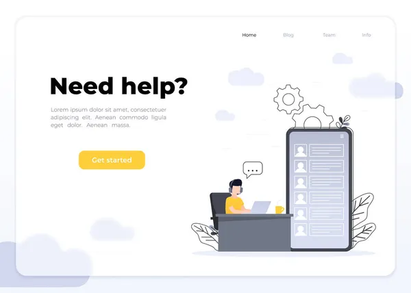 Customer Support Konzeptentwurf, Bediener mit Headset macht Live-Feedback, Hotline-Betreiber berät Kunden, Glassmorphism Landing Page Konzept. — Stockvektor