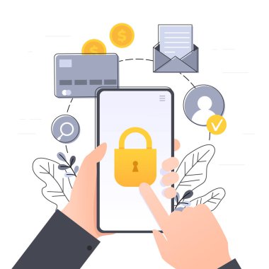 Cep telefonu verilerinin ve kişisel bilgilerin korunması, kilitli cep telefonu, veri erişim konsepti, çiçekli düz çizgi film vektörü.