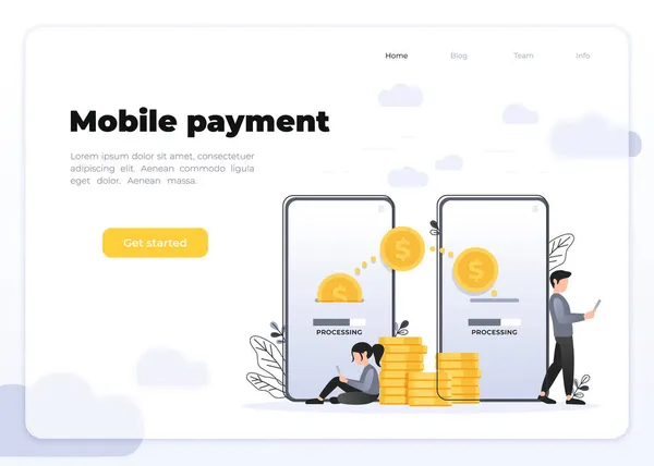 Mobile Payment koncept, Människor karaktär överföring pengar för online shopping på smartphone. Lämplig för webb landning sida, ui, mobilapp, banner mall. Glassmorfism landningssida koncept. — Stock vektor