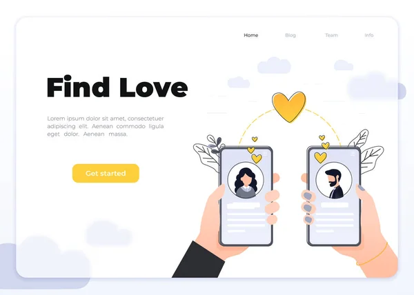 Online daten. Virtuele relaties. Dating toepassingen concept. Platte vectorillustratie met mannelijk en vrouwelijk chatten. Zoek liefde. Begrippen "glazen morfisme" en "landing page". — Stockvector