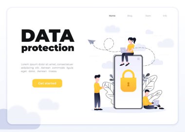 Cep telefonu verilerinin ve kişisel bilgilerin korunması, kilitli cep telefonu, veri erişim konsepti, çiçekli düz çizgi film vektörü. Glasmorfizm iniş sayfası konsepti.