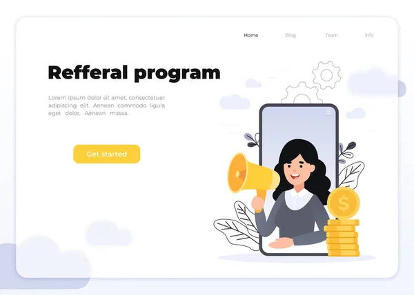 Henvis til et vennebegrep. Smarttelefon med en jente som roper høyt. Refferal marketing strategy banner, Glassmorphism landing page concept. – stockvektor