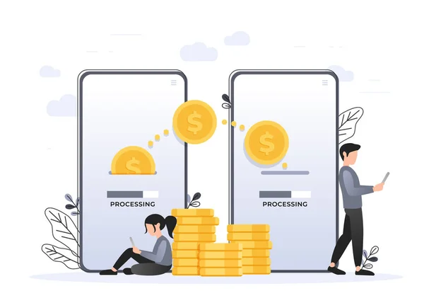 Mobile Payment koncept, Människor karaktär överföring pengar för online shopping på smartphone. Lämplig för webb landning sida, ui, mobilapp, banner mall. Vektor Illustration — Stock vektor