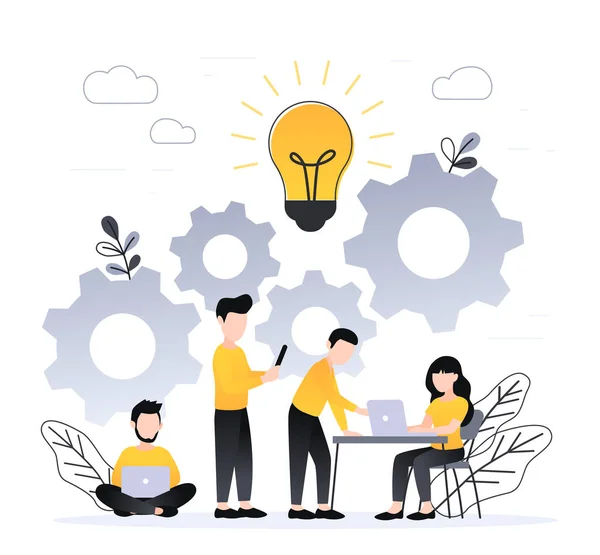 Die Menschen arbeiten zusammen. Coworking, Freelance, Teamwork, Kommunikation, Interaktion, Idee, eigenständiges Handlungskonzept, graue und gelbe Palette. Vektorabbildung auf weißem Hintergrund — Stockvektor