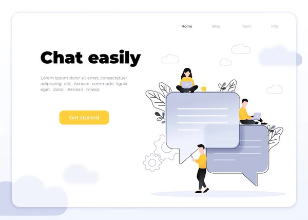 Speech bubbels voor commentaar en antwoord concept platte vector illustratie van kleine mensen chatten online. Jongens en vrouw zitten op grote symbolen van chatten. — Stockvector