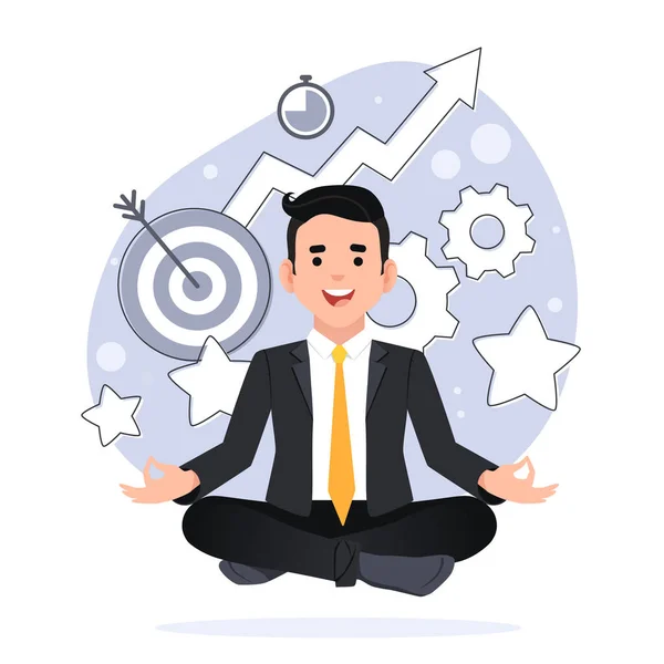 Lotus pozisyonunda oturan bir iş adamı. Kişisel yönetim, zaman yönetimi, öz disiplin konsepti çizimi. İniş sayfası şablonu.