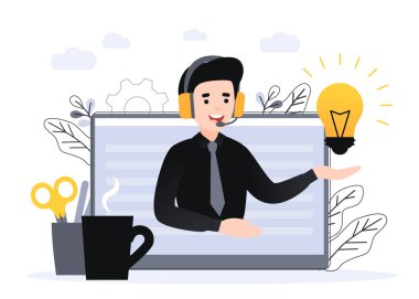Konsept müşteri ve operatör, web sayfası için 7 / 24 çevrimiçi teknik destek. Vektör illüstrasyon erkek yardım hattı operatörü müşteriye tavsiyede bulunuyor. Çevrimiçi asistan, iş için sanal yardım servisi