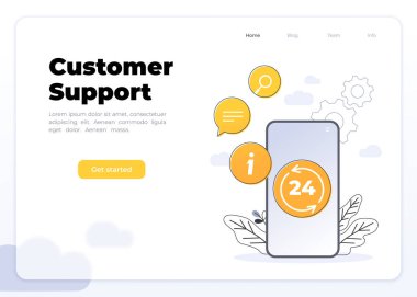 24 7 servis konsepti ya da çağrı merkezi, büyük akıllı telefon ve dizüstü bilgisayarlı küçük insanlar düz vektör çizimi. Aralıksız müşteri desteği. Web paneli için mobil self-servis şablonu.