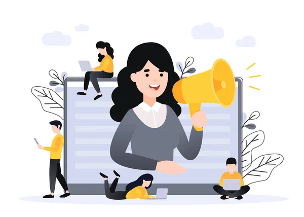 Refer a friend. Concept of referrals and followers on the Internet and business. Business woman shout on megaphone to abstract group of people. Teamwork icons. Successful leader and Manager. — Stock Vector