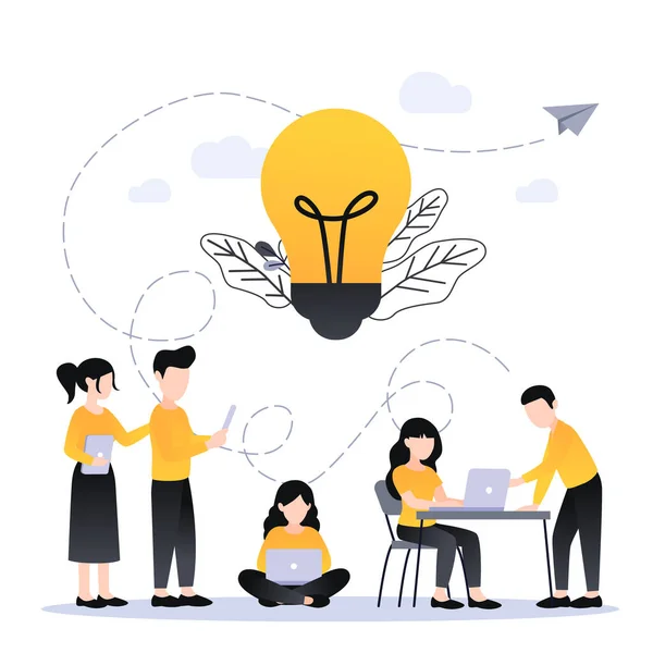 Vector flat illustration, business meeting and brainstorming, business concept for teamwork, searching for new solutions, little people are sitting on floor, light bulb in search of ideas — 스톡 벡터