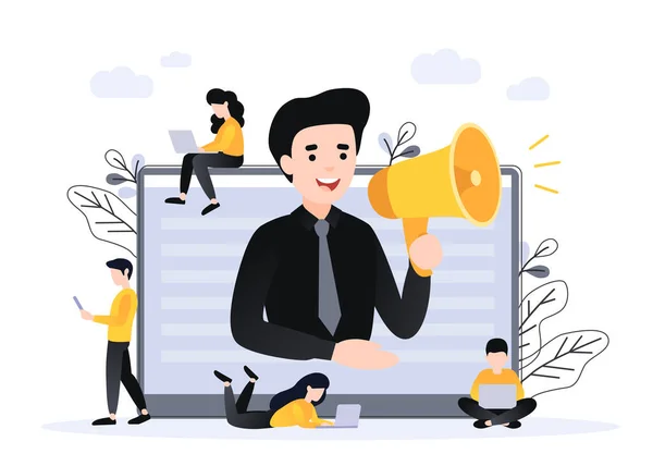 Refer a friend. Concept of referrals and followers on the Internet and business. Businessman shout on megaphone to abstract group of people. Teamwork icons. Successful leader and Manager. — 图库矢量图片