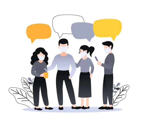 Vector illustration, flat style, group of people in masks discuss social network, news, chat, dialogue speech bubbles. Plant leaves and clouds on the background. – stockvektor