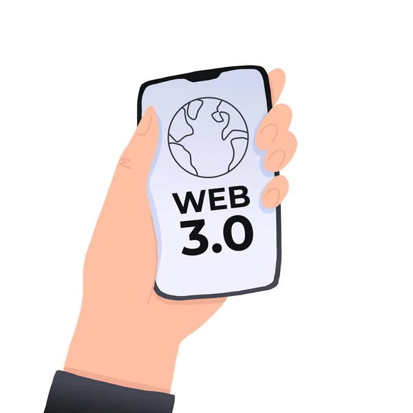 Web 3.0 internet vector illustration with a phone in hand — стоковый вектор