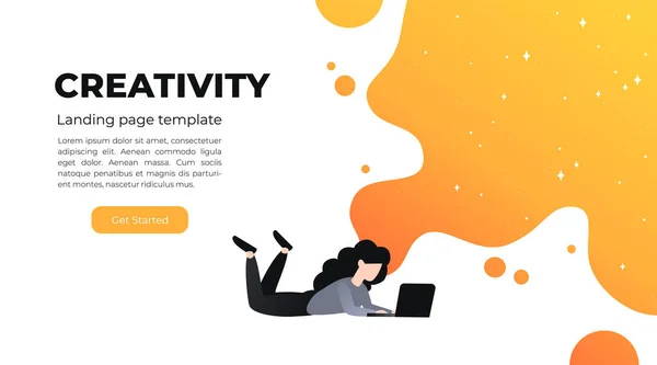 Vector living gradient illustration of creativity in Internet. Website design concept with bright colorful splash. Landing page template with young girl and laptop.