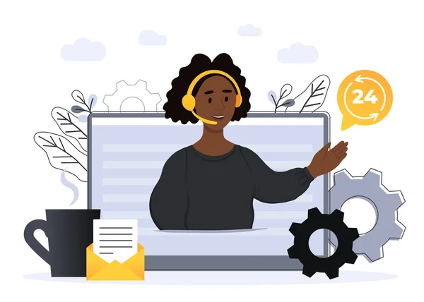 콘셉트 고객 과 운영자, 웹 페이지를 위한 온라인 기술 지원 24-7. 벡터 삽화 아프리카 계 미국인 여성 핫라인 운영자는 고객에게 조언한다. 온라인 조수, 가상 도움 말 서비스. — 스톡 벡터