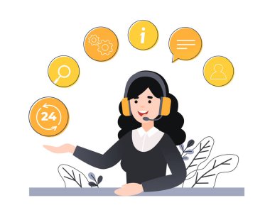 Kavram müşteri ve operatör, online teknik destek 24-7 web sayfası için. Vektör illüstrasyon kadın hattı operatörü istemci önerir. Online asistan, sanal yardım hizmeti.